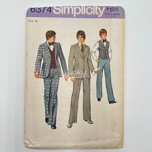 Simplicity 6374 UNCUT Mens Suit With Vest Sewing Pattern Size 36 Vintage 1974